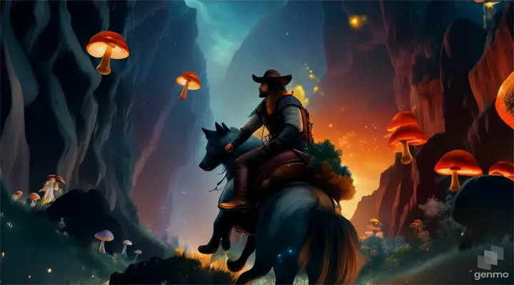 A man on wolf rides through a canyon, surrounded by glowing mushrooms, fireflies, and a celestial sky Chase scene