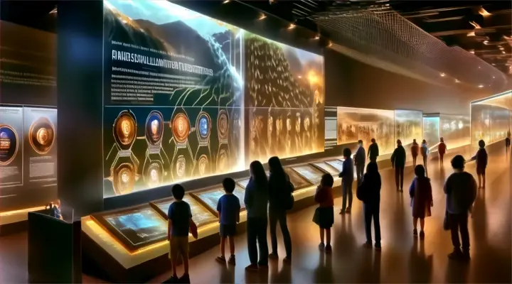 a group of people standing in front of a museum display