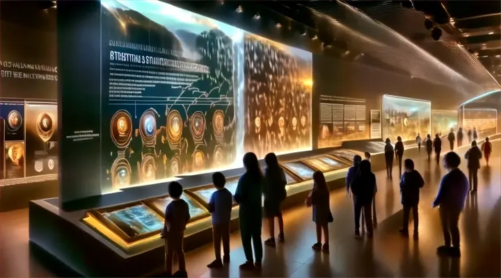 a group of people standing in front of a museum display