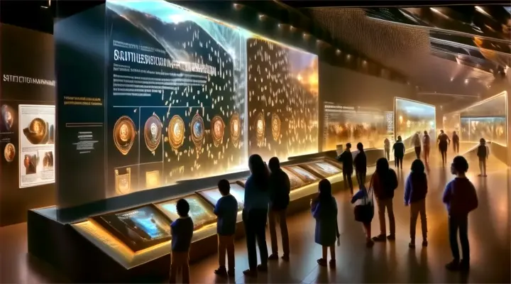 a group of people standing in front of a museum display
