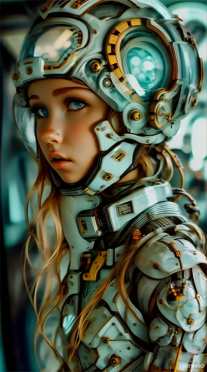 a woman wearing a futuristic suit and helmet