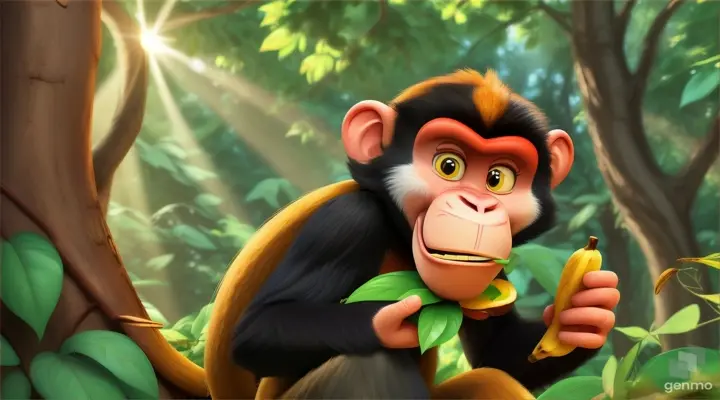 a playfull cartoon of monkey eating banana in a forest in 16:9 ratio