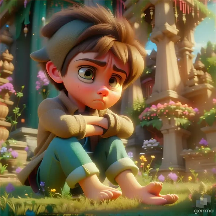  a  smaal cute  sad boy sitting on grasses  in garden  3d animation cart00n indian style