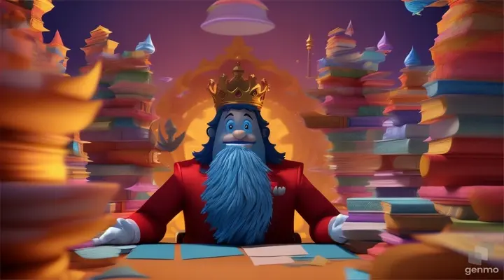 /imagine prompt: 3D animation, personality: [Illustrate Uplifting Cartoon characters engaging in fun activities The king, deep in thought, surrounded by stacks of paperwork, symbolizing his newfound dedication to governance. It should feel otherworldly and magical.] unreal engine, hyper real --q 2 --v 5.2 --ar 16:9