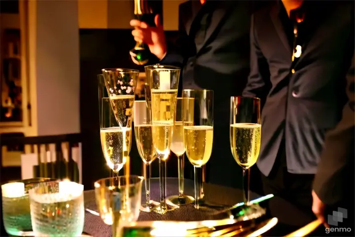 a table topped with glasses of sparkling, fizzing champagne