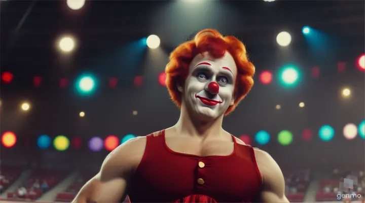 a crying red-haired ussr clown stands in the circus arena with his arms slightly apart