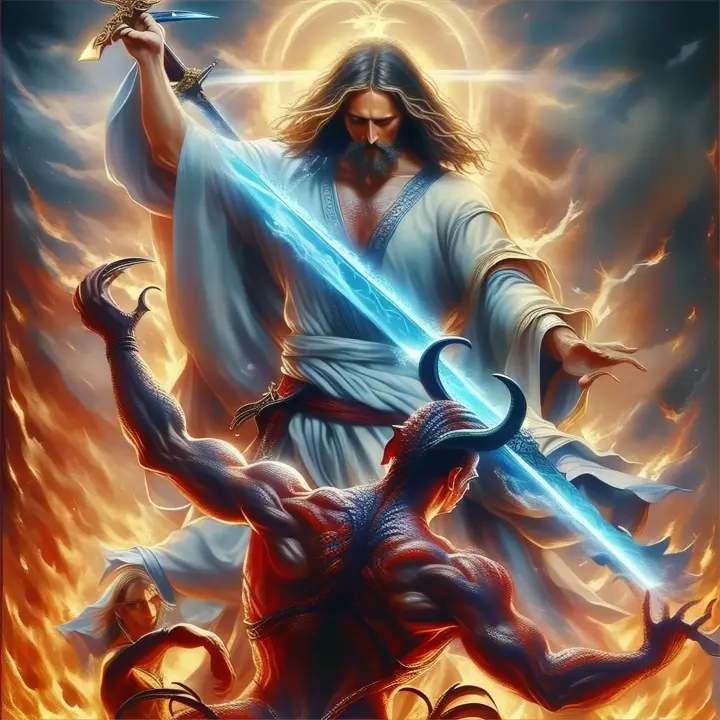 a painting of a god holding a sword next to a demon