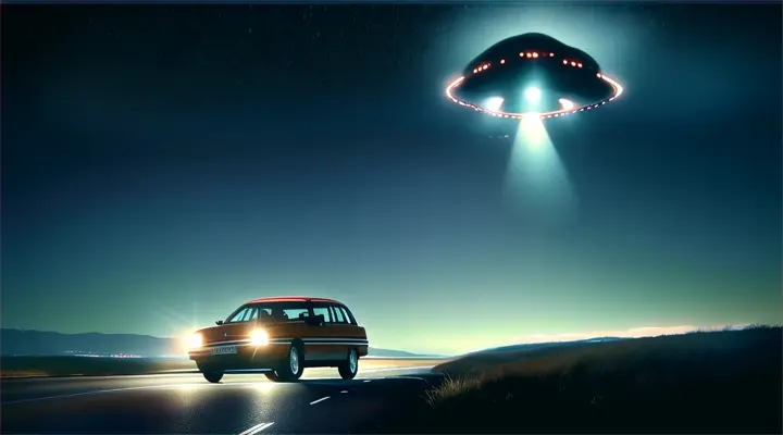 a car driving down a road under a flying object
