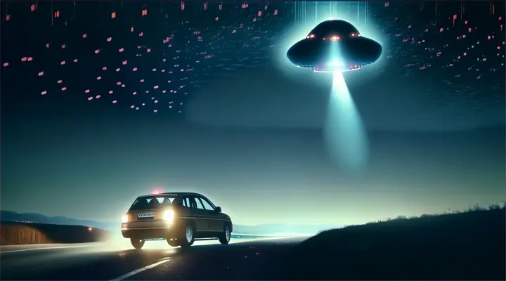 a car driving down a road under a flying object