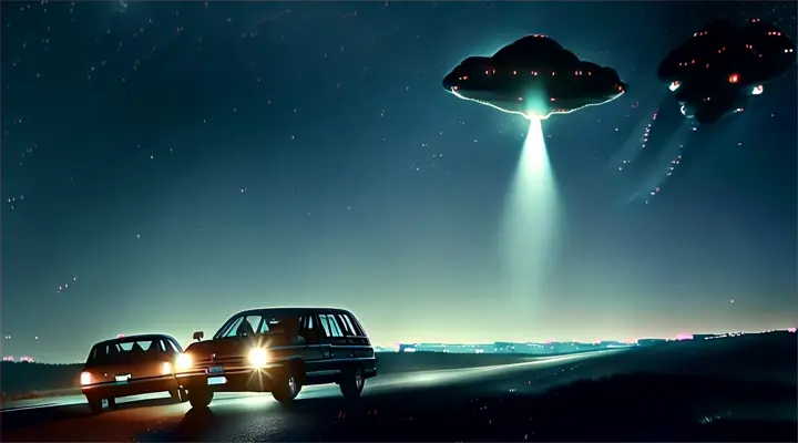 a car driving down a road under a flying object