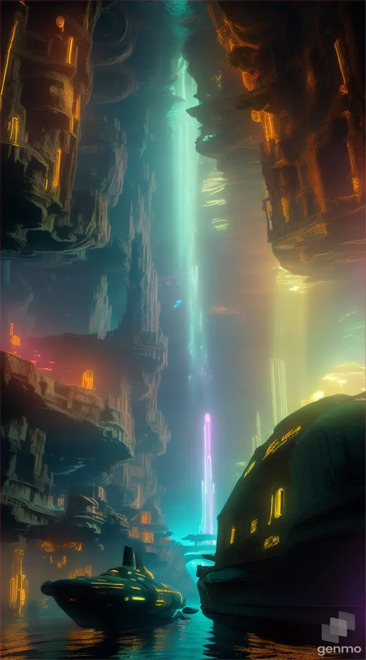 An illuminated submarine exploring the ruins of a lost futuristic city, navigating through the ruins between its monument-like structures