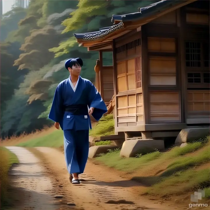 a man in a blue kimono walking down a dirt road