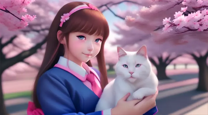 Beautiful girl in Sakura school with a white cat, Closed up (Cartoon Game)