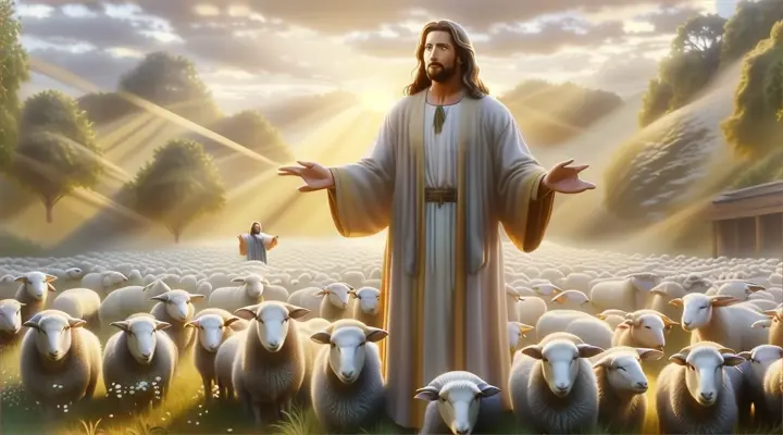 a painting of jesus standing in front of a herd of sheep, Pixar style 