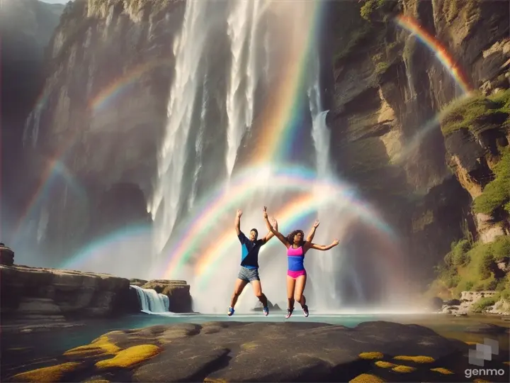 a man and a woman jumping in front of a waterfall
