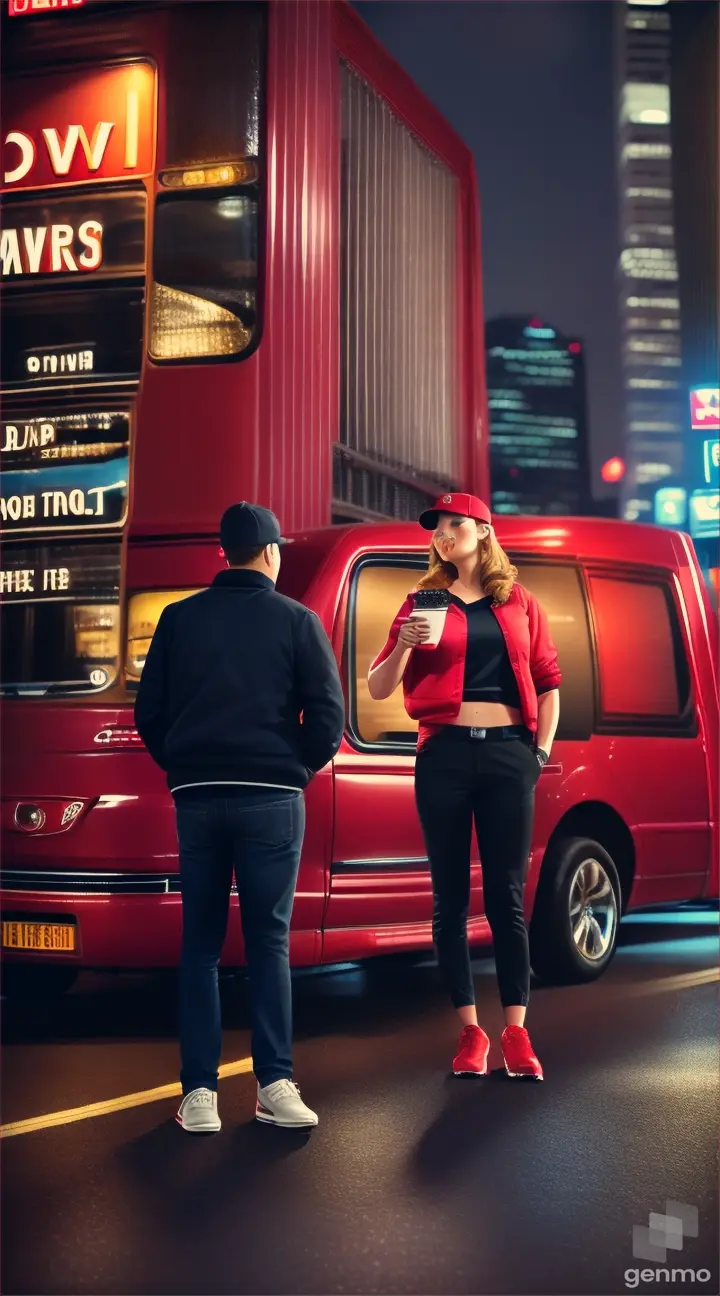 Delivery specialists, a man and a woman in red baseball caps against the backdrop of a red minivan car half-sided within the city, cinematic, professional photo for an advertisement