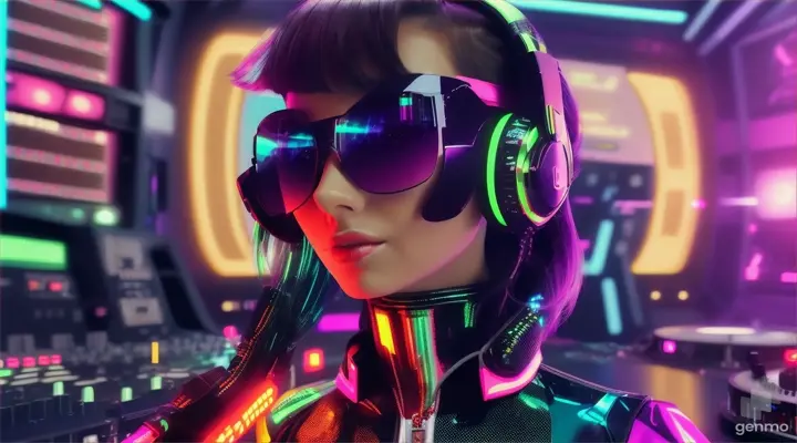 A female DJ in sunglasses, sparkling headphones and a latex jumpsuit with a large neckline plays techno music on a mixing console for a lot of people in the club. Laser beams of bright colors on the background of large television screens.