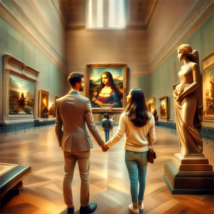 image of the couple in love that visit to the Louvre Museum: and hold hands while admiring masterpieces such as the Mona Lisa and the Venus de Milo.