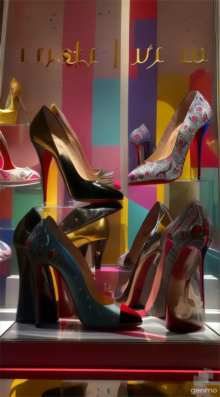 Louboutin boutique window display, with Warhol-inspired artwork and shoes on prominent display.
