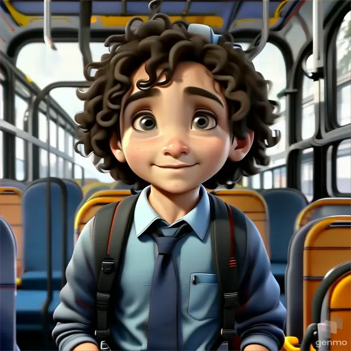 a young boy with curly hair and a backpack on a bus