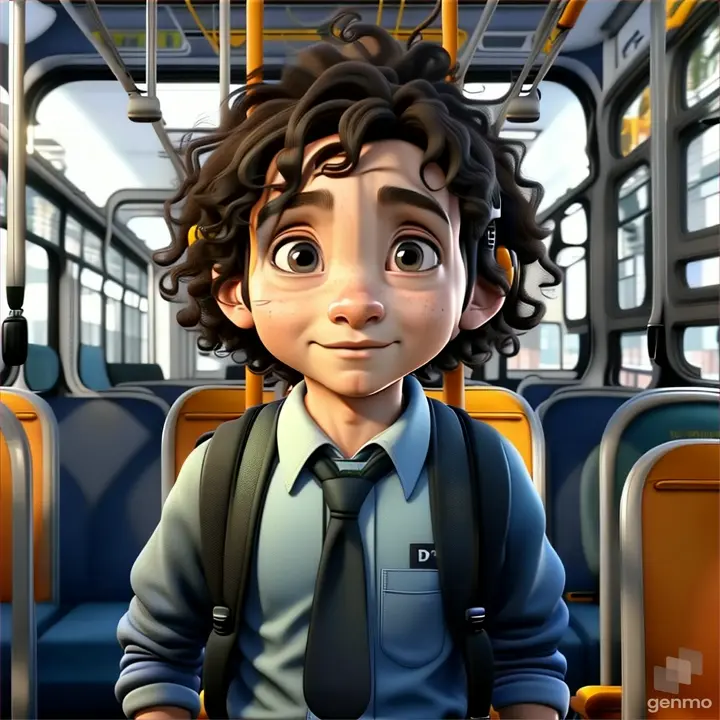 a young boy with curly hair and a backpack on a bus, 3d pixar animation style