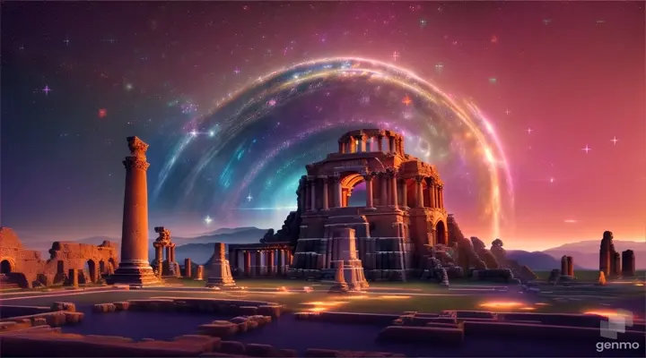 Ancient ruins under a starry night sky, vivid colors, digital art