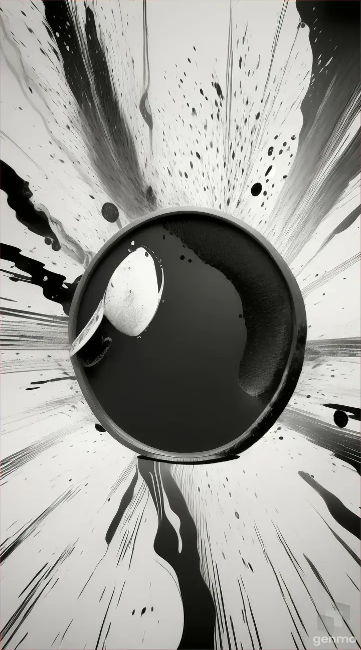 Black and white composition with ink splatters, showing a coin falling abstract 