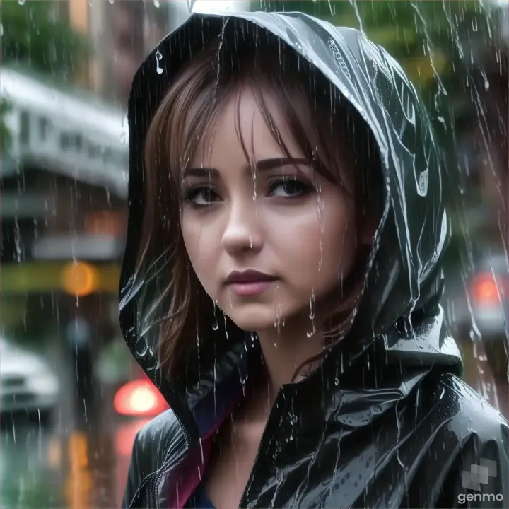 a woman in a raincoat standing in the rain