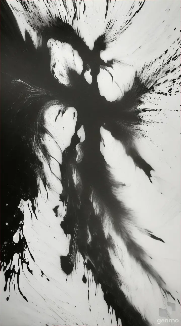 Black and white composition with ink splatters, showing a godly figure inky abstract 