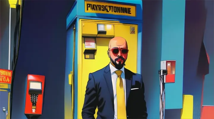 a painting of a bald man with a full goatee wearing red sunglasses in a black suit and yellow tie standing in front of a pay phone