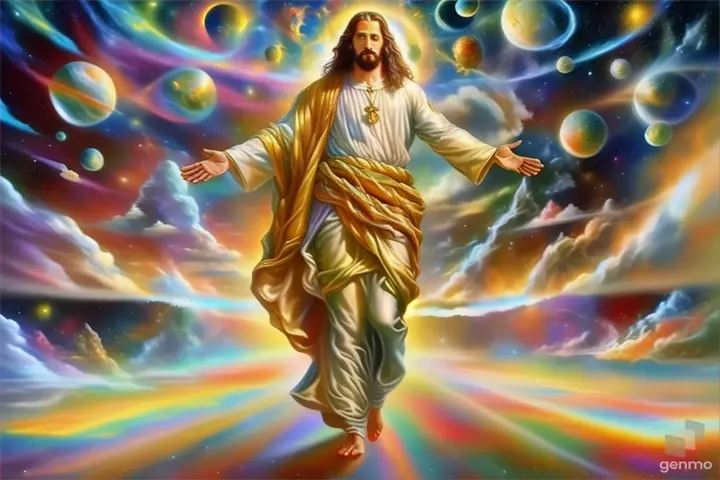 a painting of jesus walking through the sky