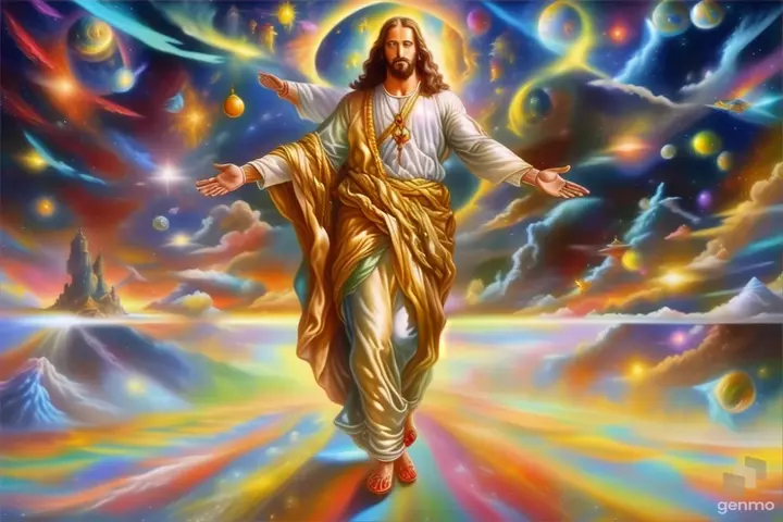 a painting of jesus walking through the sky