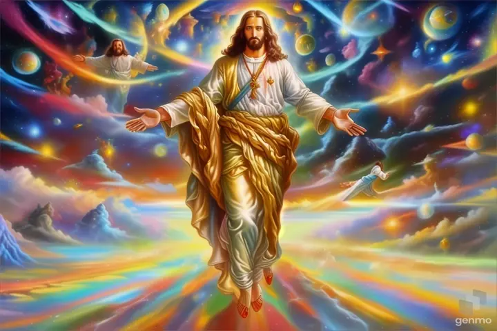 a painting of jesus walking through the sky