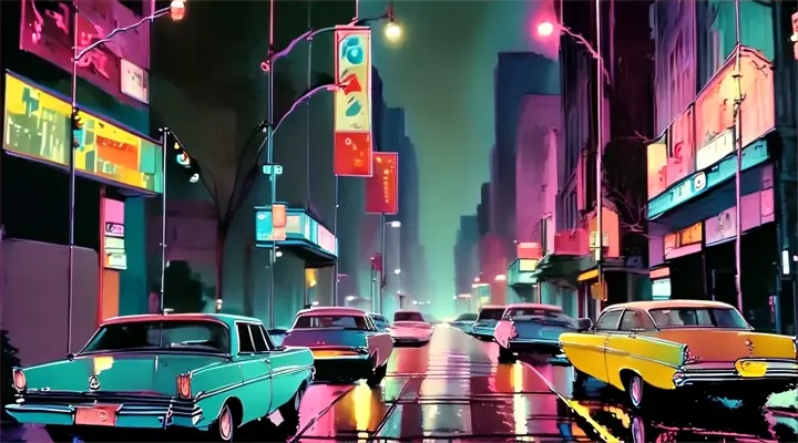 a painting of a city street at night