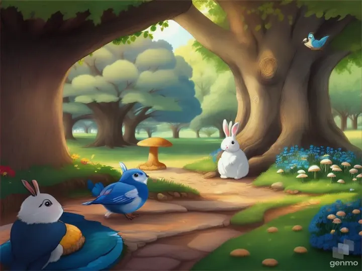 rabbit,blue bird stumbled upon a cozy spot under the shade of a majestic oak tree.a type of cartoon illustration