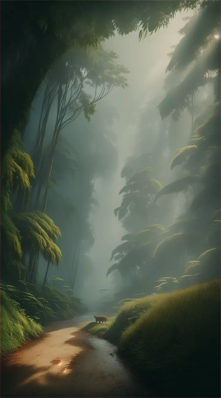 Embark on a journey into a dense prehistoric jungle shrouded in mist, where the haunting calls of dinosaurs reverberate through the ages, inviting exploration into a landscape teeming with ancient life and mystery.