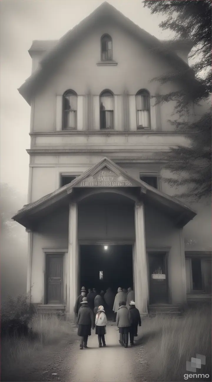 A group of villagers cautiously approaching the entrance of the abandoned hostel, uncertainty written on their faces.