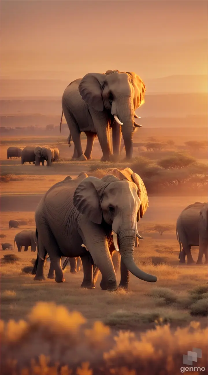  a vast savanna, with elephants roaming peacefully in the distance. 