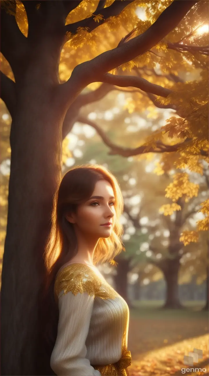 She stops in front of a magnificent tree with glowing leaves