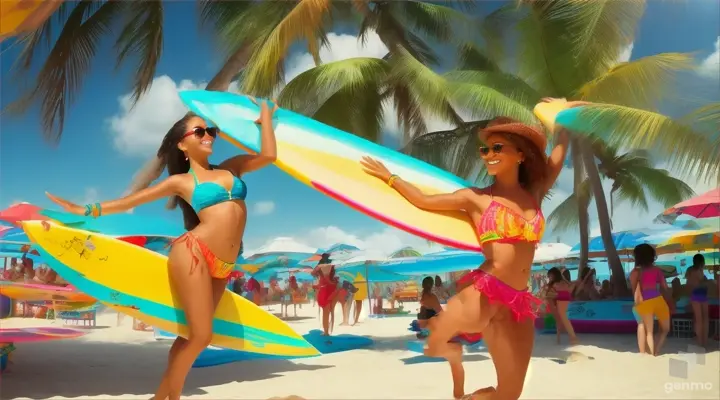 A colorful and fun beach party scene with a cartoon woman dancing and enjoying mangoes under palm trees and a perfect blue sky