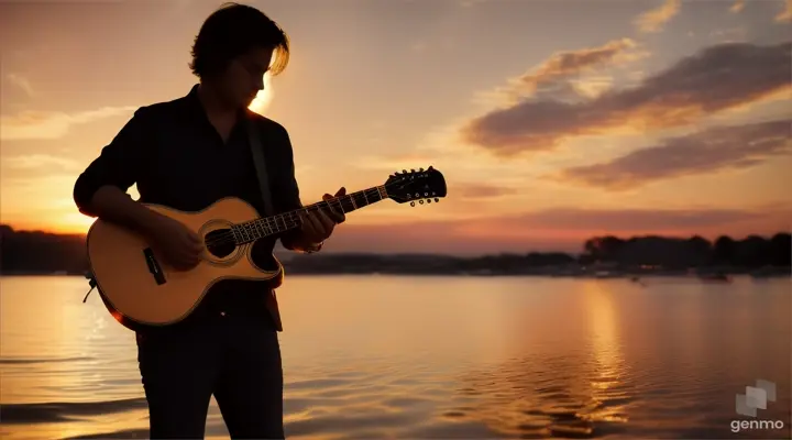 Musician playing guitar silhouetted against a golden sunset reflected on the water