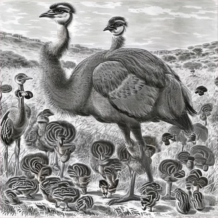 an ostrich and her chicks in a field