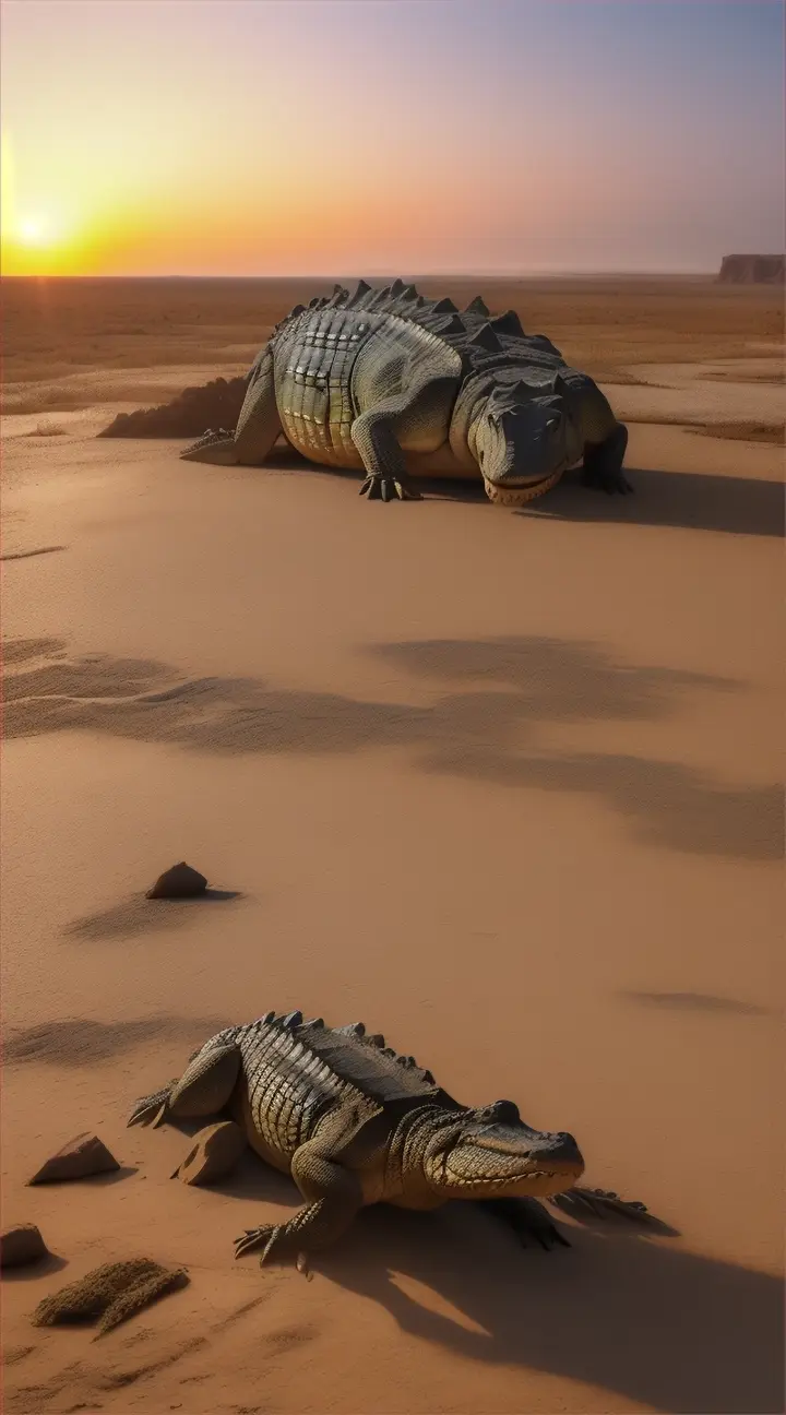 a large alligator laying on top of a dirt field, meteor impact leads to a scene of a lone crocodile in a barren landscape