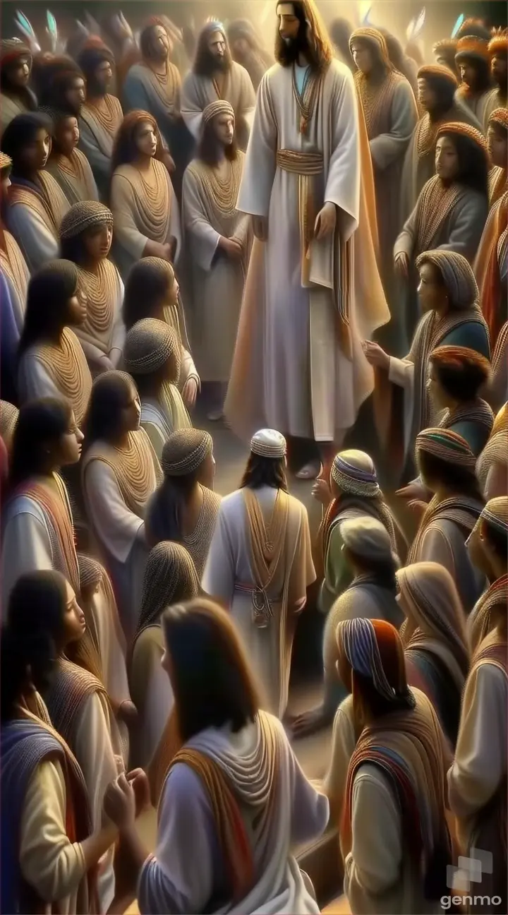 a painting of jesus standing in front of a group of people