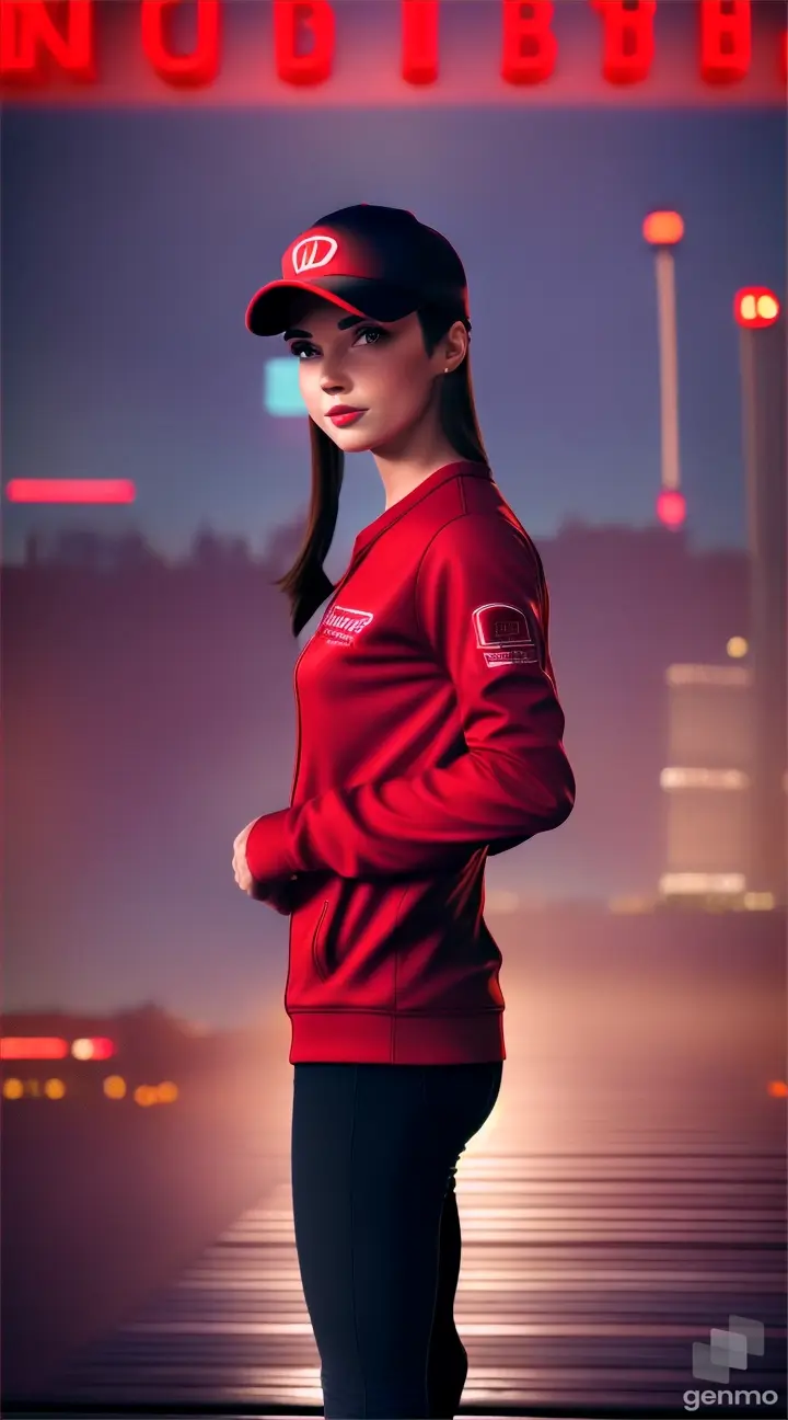 Delivery specialist, woman in a red baseball cap against the backdrop of the city of the future, cinematic, professional photo for advertising