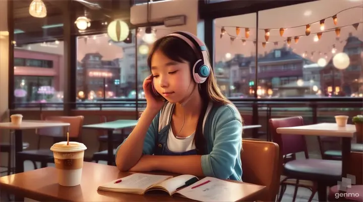 A beautiful girl sits at the corner of a coffee shop, her headphones on as she studies. The vibrant cityscape behind her is a perfect backdrop for her focused expression. The Studio Ghibli style adds a whimsical touch to the image, making it stand out from the rest, size 1280x720