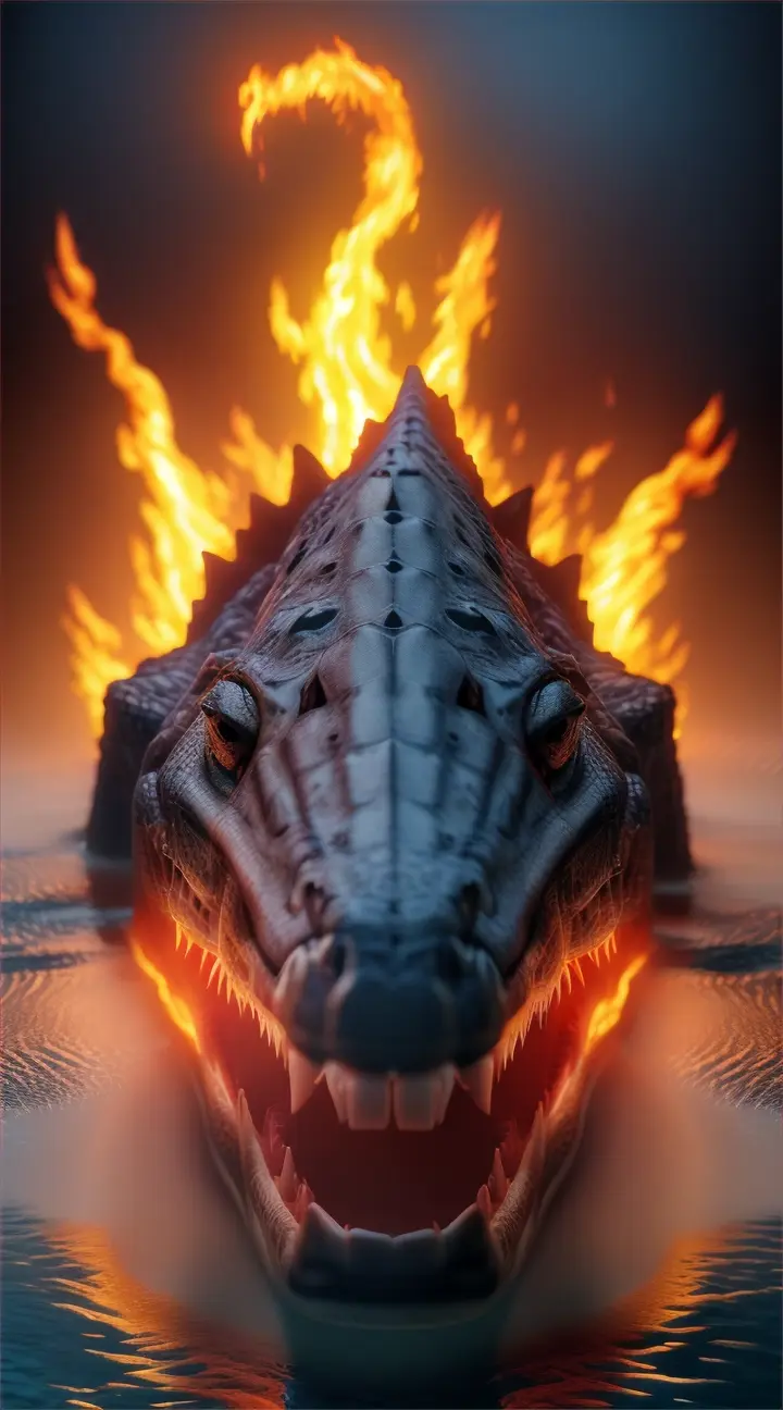  a realistic crocodile lays in a messy explosion under the water. fire is everywhere. 