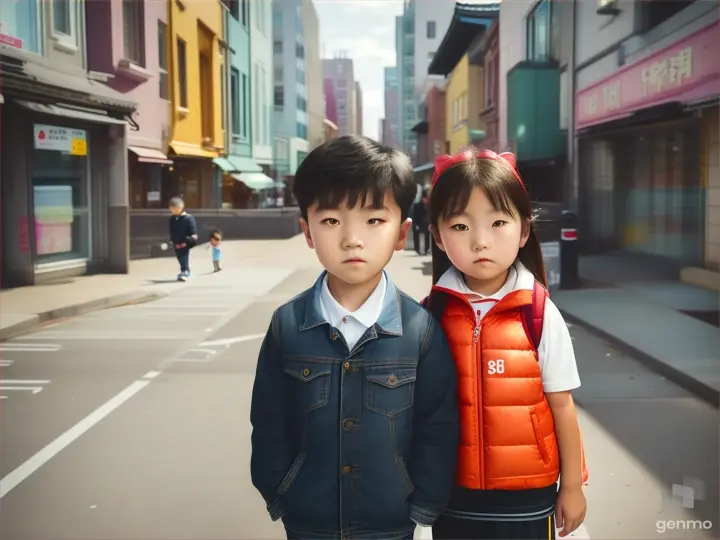 A Korean boy is standing next to a 6-year-old girl. They are both on the street