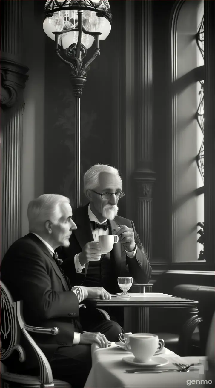 9x16 canvas, black and white color, an old professor in traditional daily suite and a naked human skeleton are drinking coffee together at the art nouveau style hotel restaurant