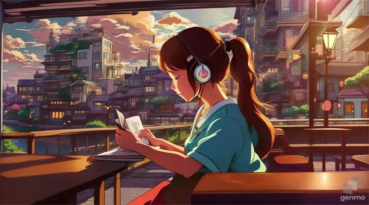 A beautiful girl sits at the corner of a coffee shop, her headphones on as she studies. The vibrant cityscape behind her is a perfect backdrop for her focused expression. The Studio Ghibli style adds a whimsical touch to the image, making it stand out from the rest, size 1280x720